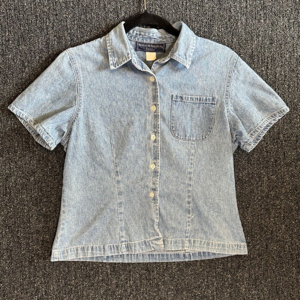 Vintage‎ Norton McNaughton Women’s Blue Jean Shirt Sz Petite Small Short Sleeve